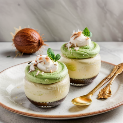 Creamy Avocado Mousse with Lychee Sorbet and Toasted Coconut