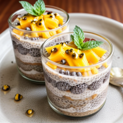 Creamy Chia Pudding Parfait with Mango and Passion Fruit Sauce