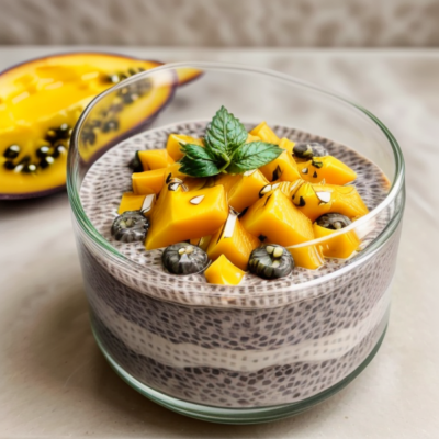 Creamy Chia Pudding with Mango and Passionfruit - A Delicious and Versatile Vegan Dessert Inspired by Mexican Street Food!