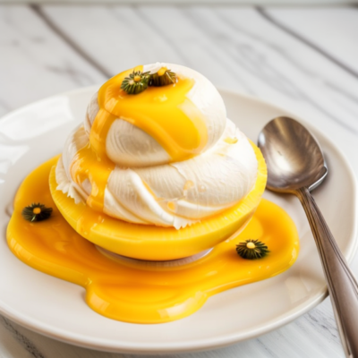 Creamy Coconut Mango Sorbet with Passion Fruit Sauce - A Tropical Delight!