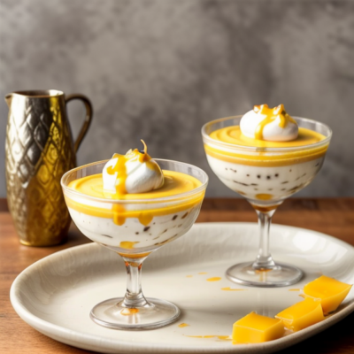 Creamy Coconut Tahini Mousse with Mango and Passionfruit Sauce