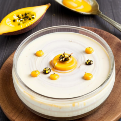 Creamy Coconut Tahini Panna Cotta with Mango and Passionfruit Sauce
