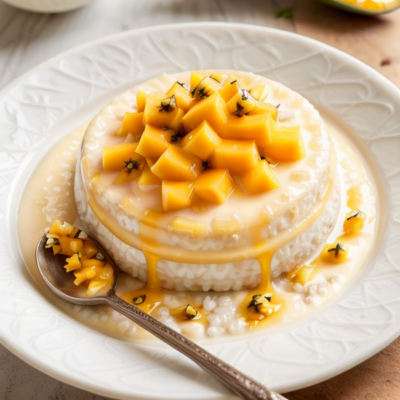 Creamy Coconut Tapioca Pudding with Mango and Passionfruit Sauce
