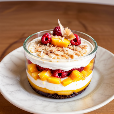 Creamy Mango Coconut Pudding Parfait with Toasted Coconut and Fresh Berries (vegan, oil-free, gluten-free)