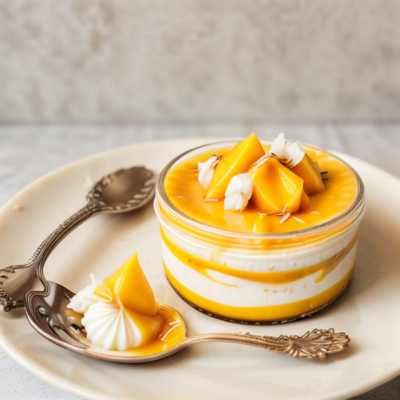Creamy Mango Pudding with Coconut Jelly and Passionfruit Sauce