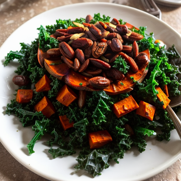 Exotic African Kale Salad with Spiced Roasted Sweet Potatoes and Dates (Vegan, Gluten-Free, High-Protein)