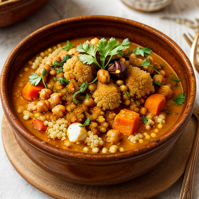 Exotic Moroccan Cauliflower Couscous Stew with Chickpeas and Dates - A Delightful Vegan Twist on Tradition!