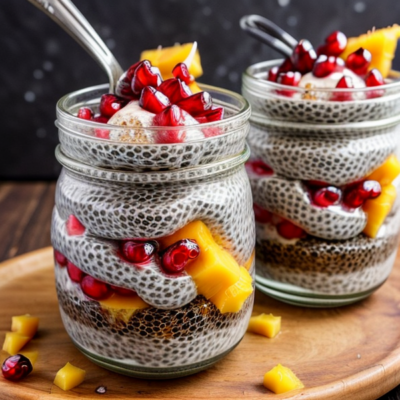 Exotic Moroccan Spiced Chia Pudding Parfait with Mango and Pomegranate Seeds