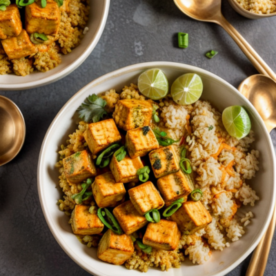 Exotic Vegan Coconut Curry with Cauliflower Rice and Crispy Tofu - A Delightful Blend of Thai and Indian Flavors