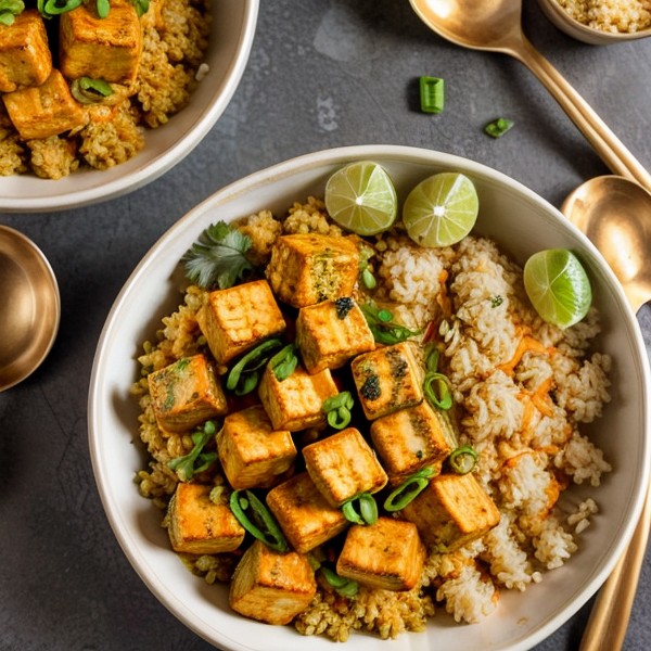 Exotic Vegan Coconut Curry with Cauliflower Rice and Crispy Tofu – A Delightful Blend of Thai and Indian Flavors