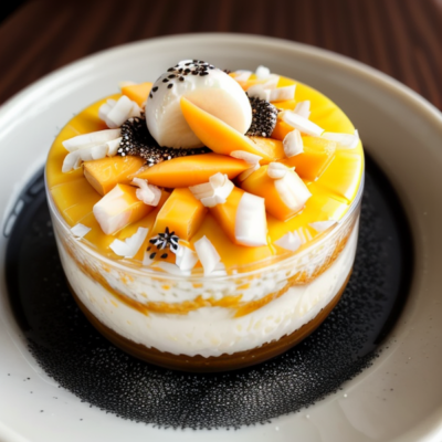 Mango Sticky Rice Inspired Coconut Pudding Parfait with Mangoes and Black Sesame Seeds