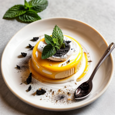 Mango Sticky Rice Inspired Vegan Coconut Panna Cotta with Black Sesame Brittle and Fresh Mint Leaves (Gluten-free, High-protein, Low-carb, Kid-friendly)