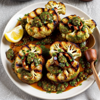Vegan Grilled Cauliflower Steaks with Chimichurri Sauce - Budget-Friendly, Gluten-Free, High-Protein, Kid-Friendly, Low-Carb, Oil-Free, Quick & Easy, Raw, Soy-Free, Spicy, Superfoods, Whole Foods Plant-Based, Zero Waste