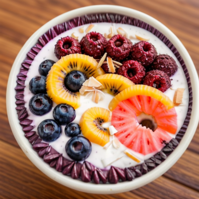 Acai Bowl with Coconut Cream and Tropical Fruits (Vegan, Gluten-Free)