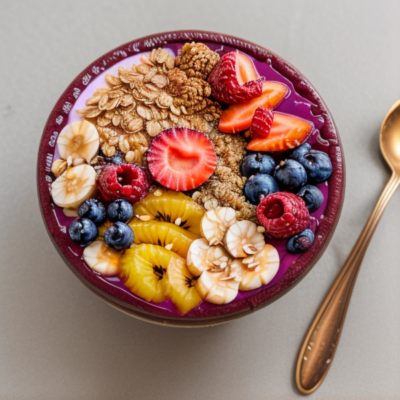 Acai Bowl with Tropical Fruit and Coconut Granola (VEGAN, GLUTEN-FREE, HIGH PROTEIN)