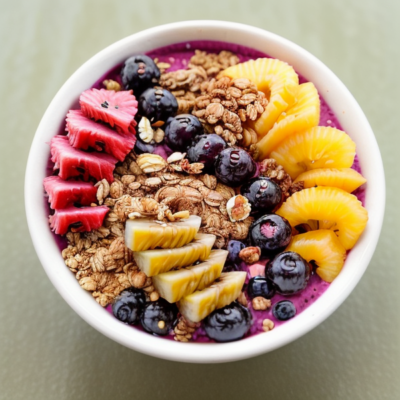 Acai Bowl with Tropical Fruit and Coconut Granola (Vegan, Gluten-Free)