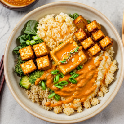 Creamy Cauliflower Rice Buddha Bowl with Crispy Tofu and Spicy Miso Sauce