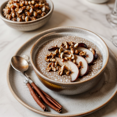 Creamy Chia Porridge with Roasted Pears and Spiced Walnuts (Vegan, Gluten-Free)