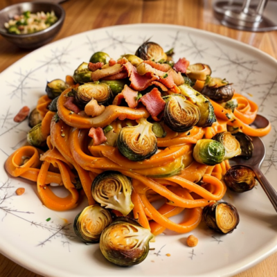 Creamy Miso Butternut Squash Pasta with Crispy Tempeh Bacon and Roasted Brussels Sprouts (Gluten-Free, High-Protein, Kid-Friendly)