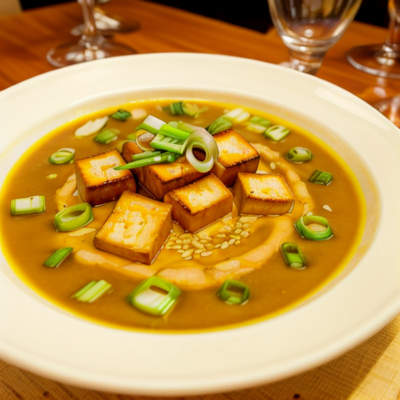 Creamy Miso Pumpkin Soup with Crispy Tofu and Scallions