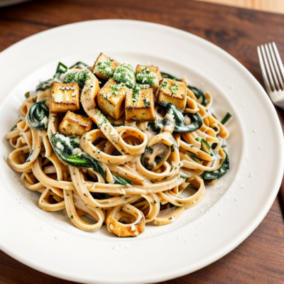 Creamy Mushroom Pasta with Crispy Tofu and Spinach - A Delightful Twist on Carbonara