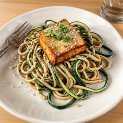 Creamy Tahini Pasta with Crispy Baked Tofu and Zucchini Noodles (Revived Mediterranean)