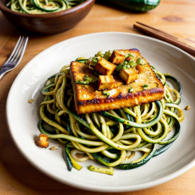 Creamy Tahini Zucchini Noodles with Crispy Baked Tofu - A Spicy Korean Inspired Vegetarian Meal