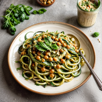 Creamy Tahini Zucchini Noodles with Crispy Chickpeas and Fresh Herbs