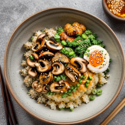 Japanese-Inspired Crispy Cauliflower Rice Bowl with Furikake Aioli and Miso Glazed Mushrooms