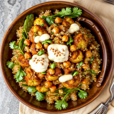 Savory Moroccan Spiced Roasted Cauliflower Bowl with Chickpeas and Quinoa
