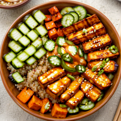 Spicy Miso Tofu and Quinoa Buddha Bowl with Roasted Sweet Potatoes and Pickled Cucumbers