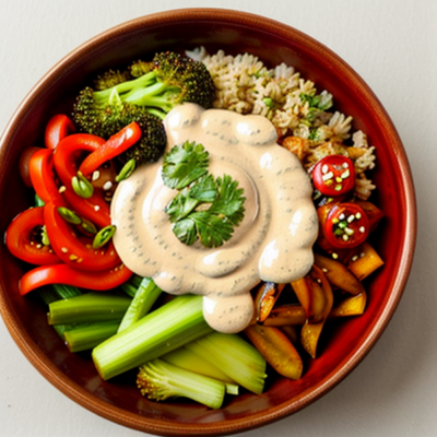 Spicy Veggie Bowl with Creamy Tahini Sauce - A Fusion Dish Inspired by Thai and Japanese Cuisines