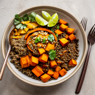 Thai-Inspired Lentil Bowl with Roasted Sweet Potatoes and Mangoes