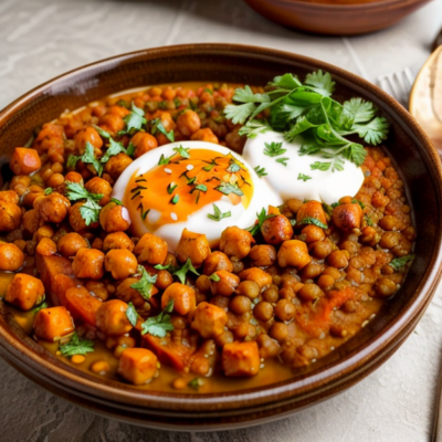 Zesty Moroccan Lentil Bowl with Roasted Sweet Potatoes and Chickpeas