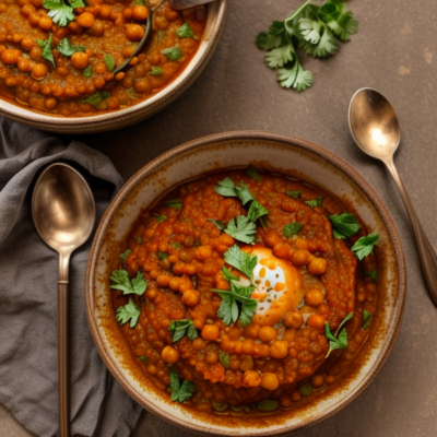 Zesty Moroccan Lentil Stew with Crispy Chickpea Topping