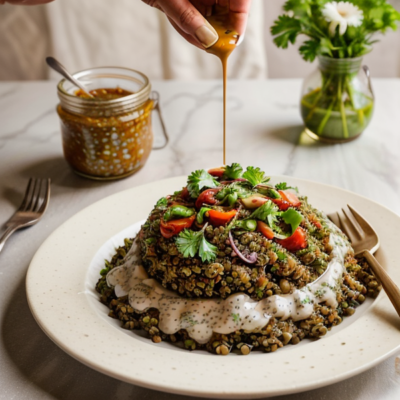 Spiced Lentils and Quinoa Salad with Tahini Dressing