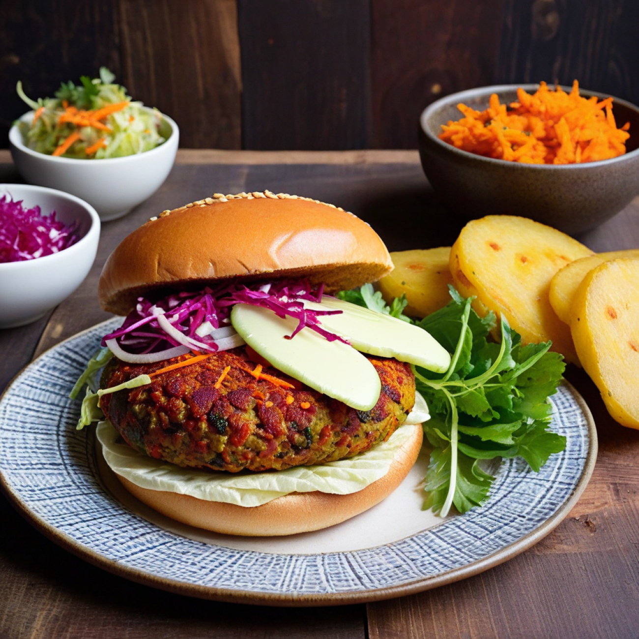 Berbere Lentil Beet Burger with Mitmita Mayo & Pickled Atakilt Slaw