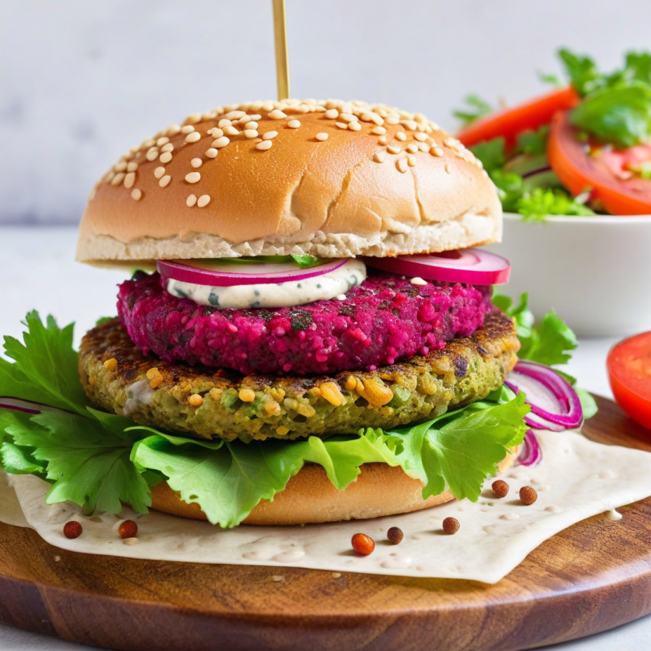 Sumac-Spiced Lentil & Beet Burger with Creamy Tahini Herb Sauce