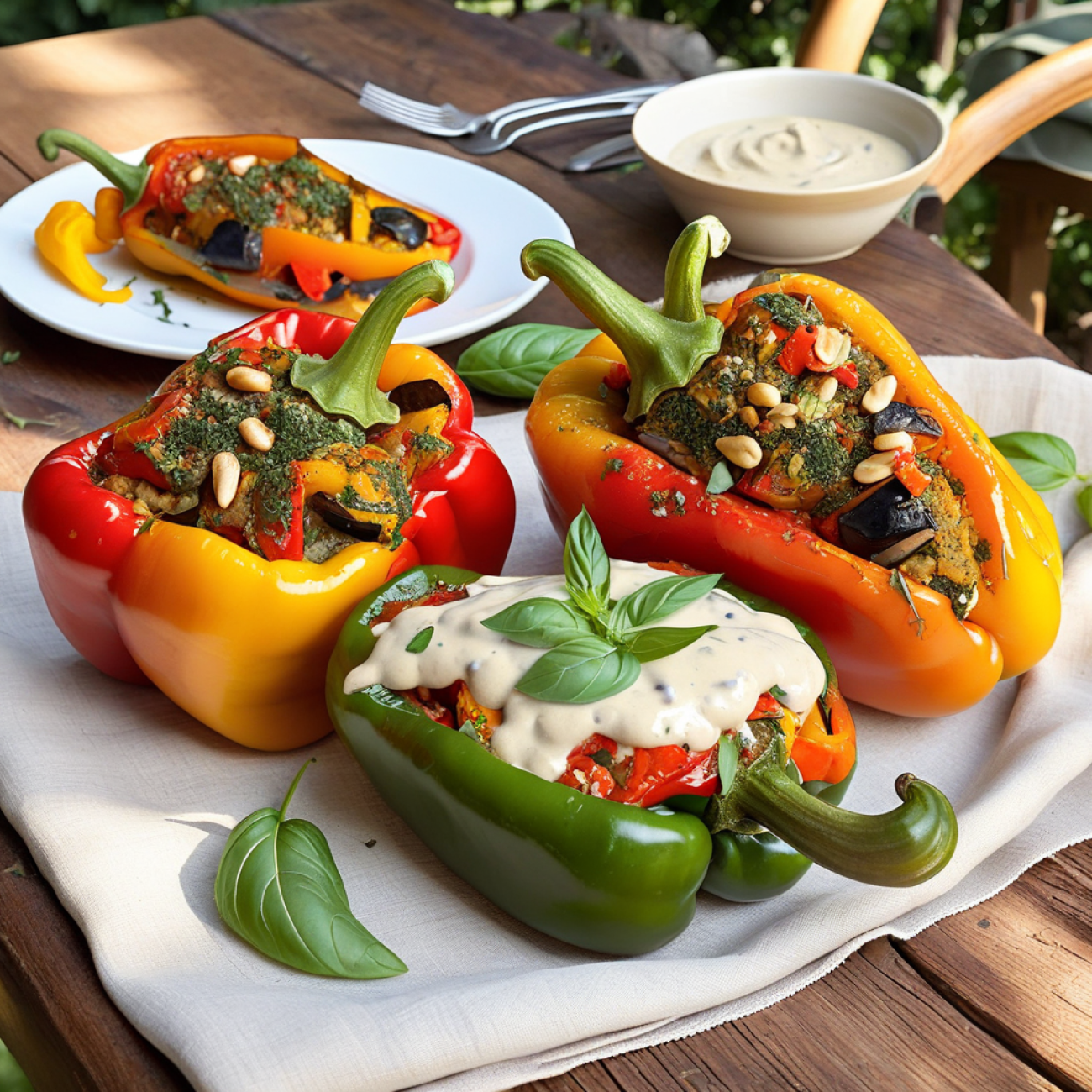 Vegan Ratatouille-Stuffed Bell Peppers with Herbes de Provence Cashew Cream