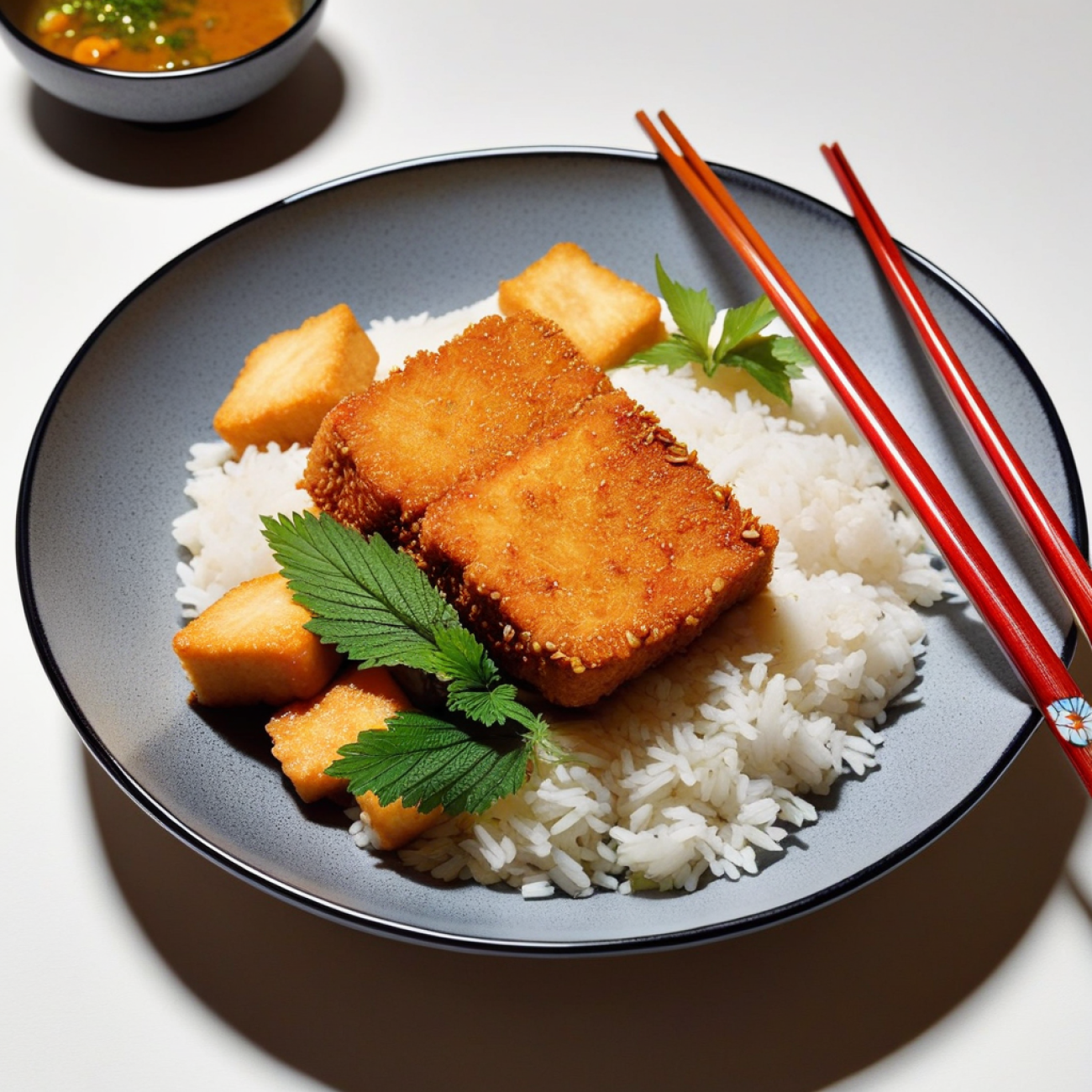 Tofu Katsu Curry with Pickled Daikon & Shiso Rice