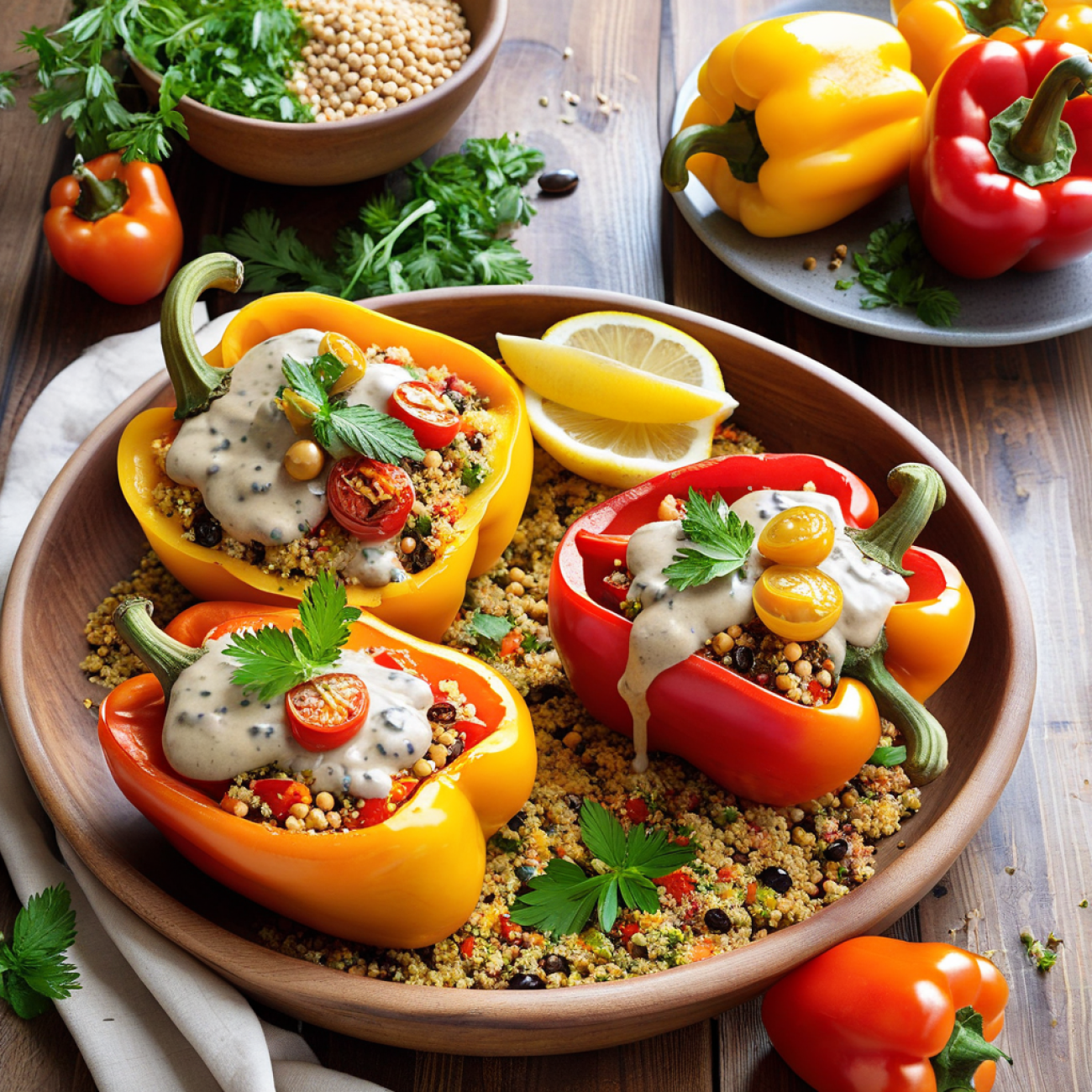 Sun-Drenched Stuffed Peppers with Herbed Quinoa & Tahini Drizzle