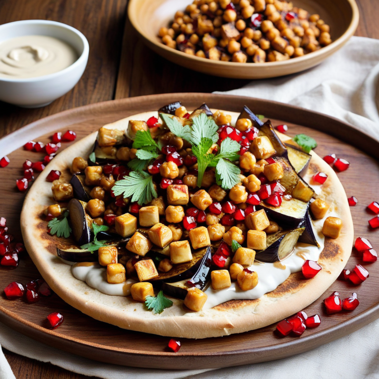 Caramelized Eggplant & Chickpea Fatteh with Pomegranate Molasses