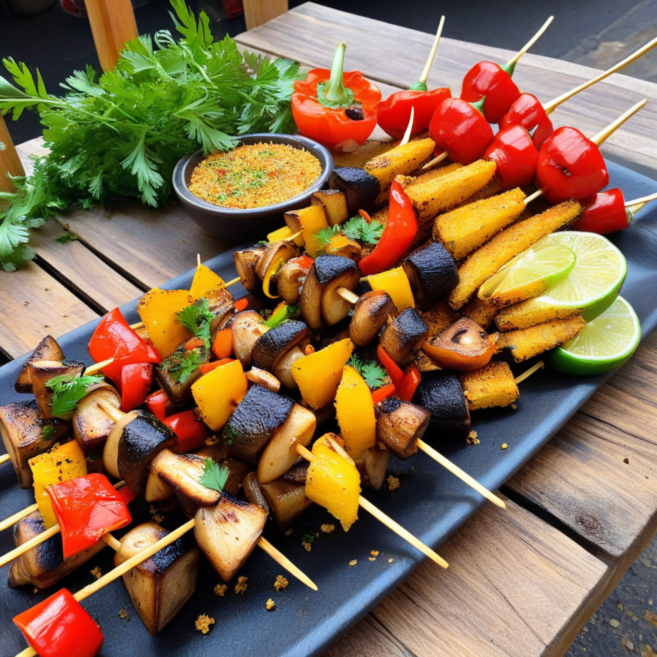 Churrasco-Style Mushroom Skewers with Garlic Farofa Fries