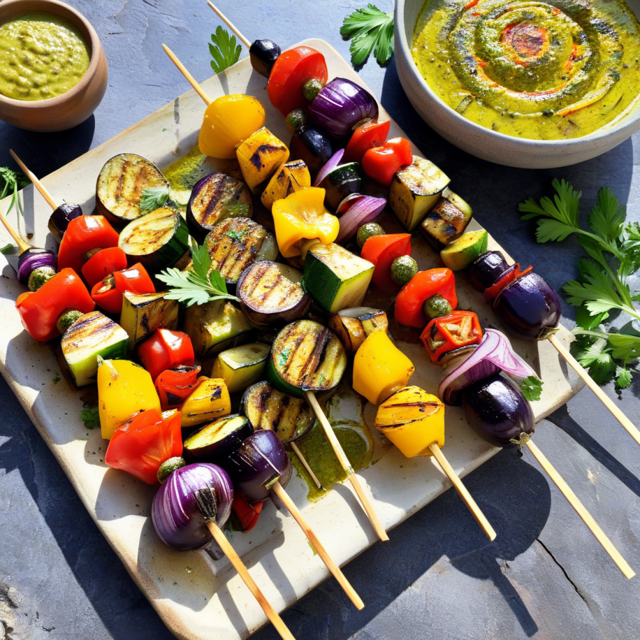 Grilled Eggplant & Zucchini Skewers with Herbed Pistachio Charmoula