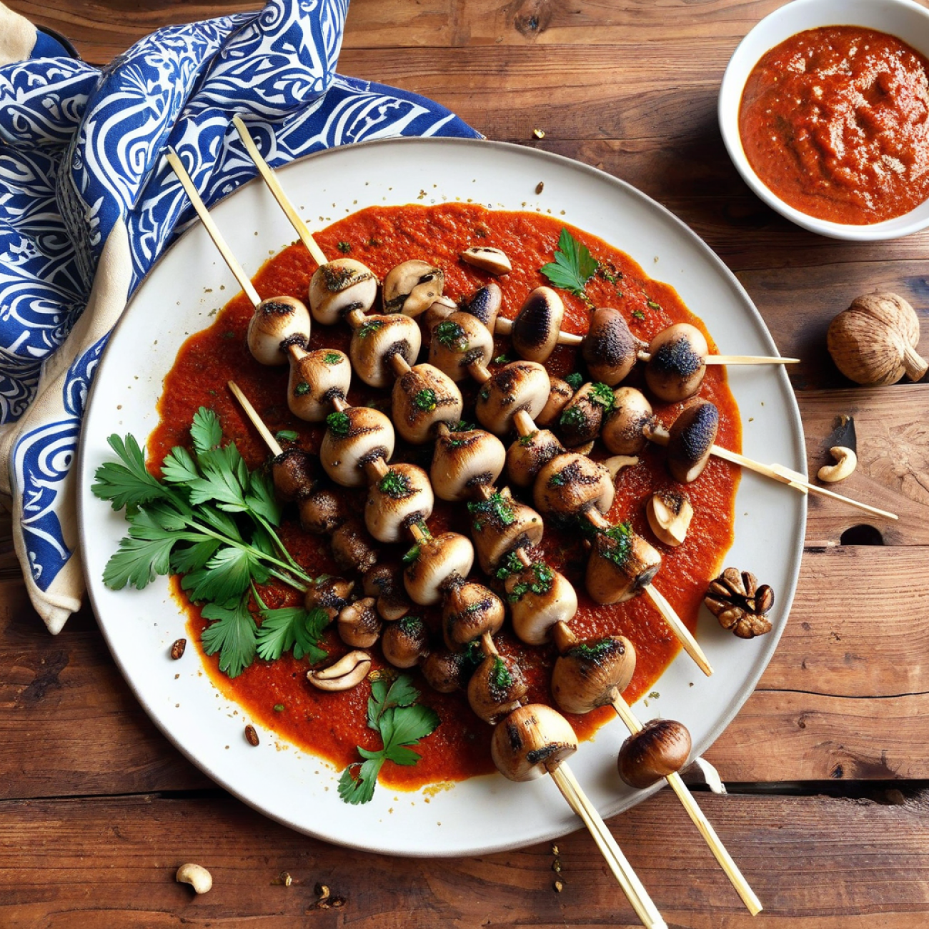 Grilled Za’atar Mushroom Skewers with Smoky Muhammara Drizzle