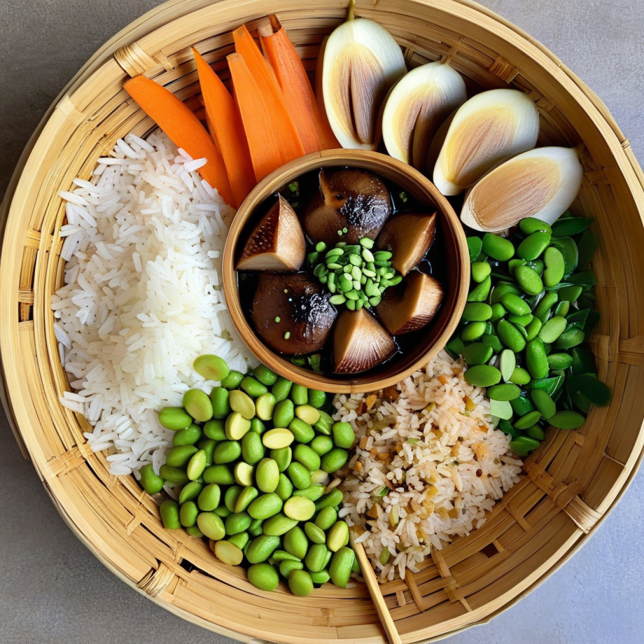 Lotus Leaf Rice Bowl with Braised Shiitake & Gingered Edamame