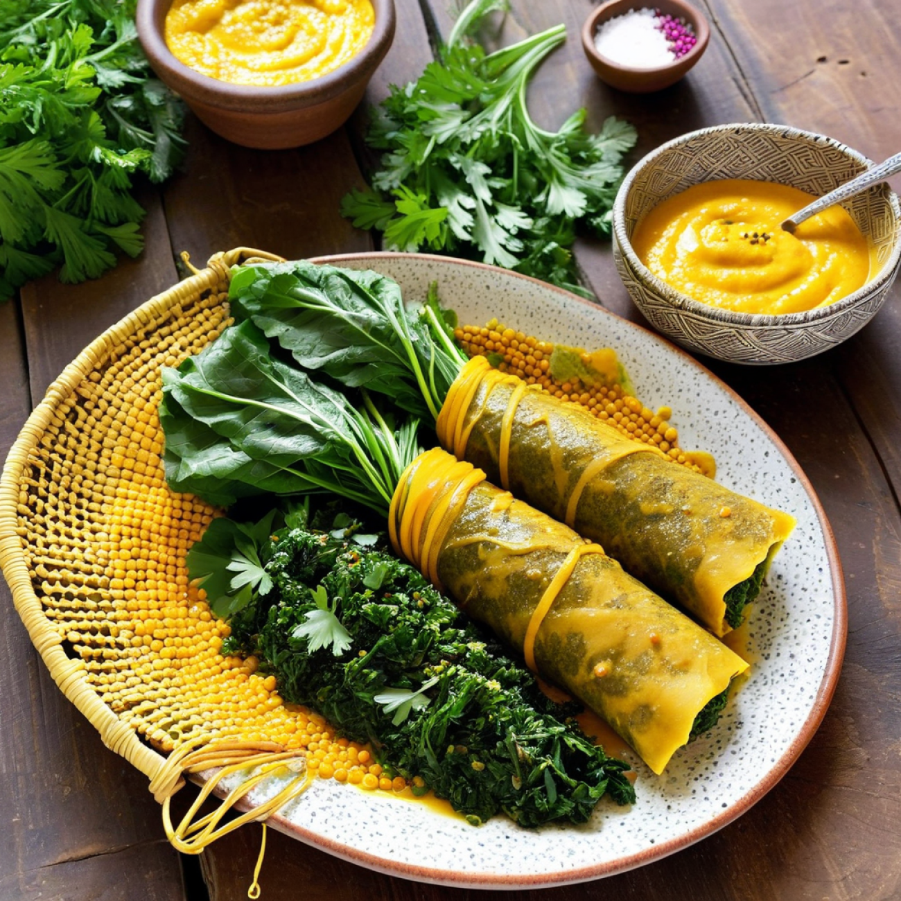 Misir Kik Alicha Collard Wraps with Spicy Azifa Drizzle