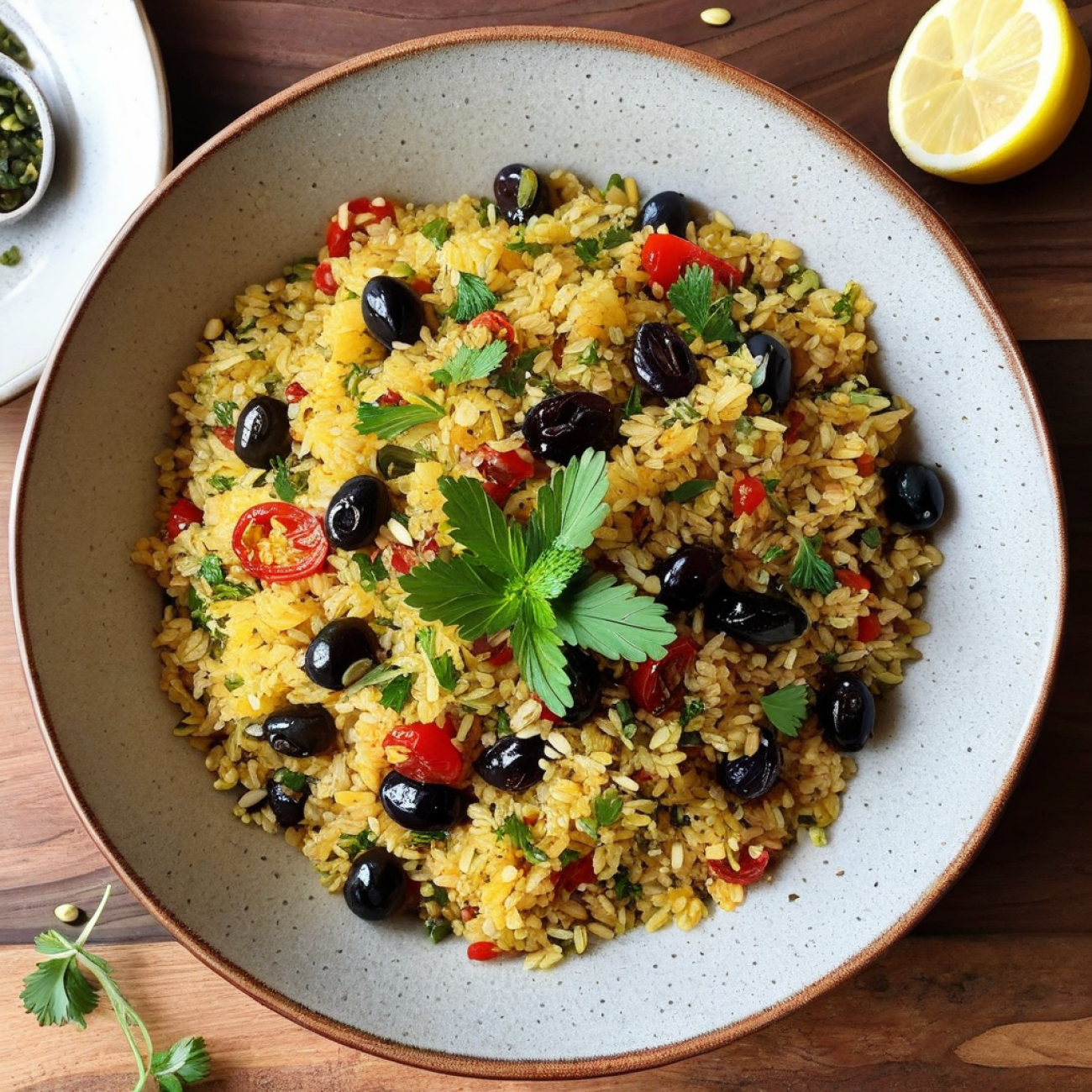 Sun-Dried Tomato & Olive Freekeh Pilaf with Preserved Lemon Herb Gremolata
