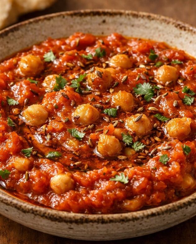 Tomato and chickpea dip with cumin oil in a ceramic bowl