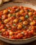 Tomato and chickpea dip with cumin oil in a ceramic bowl